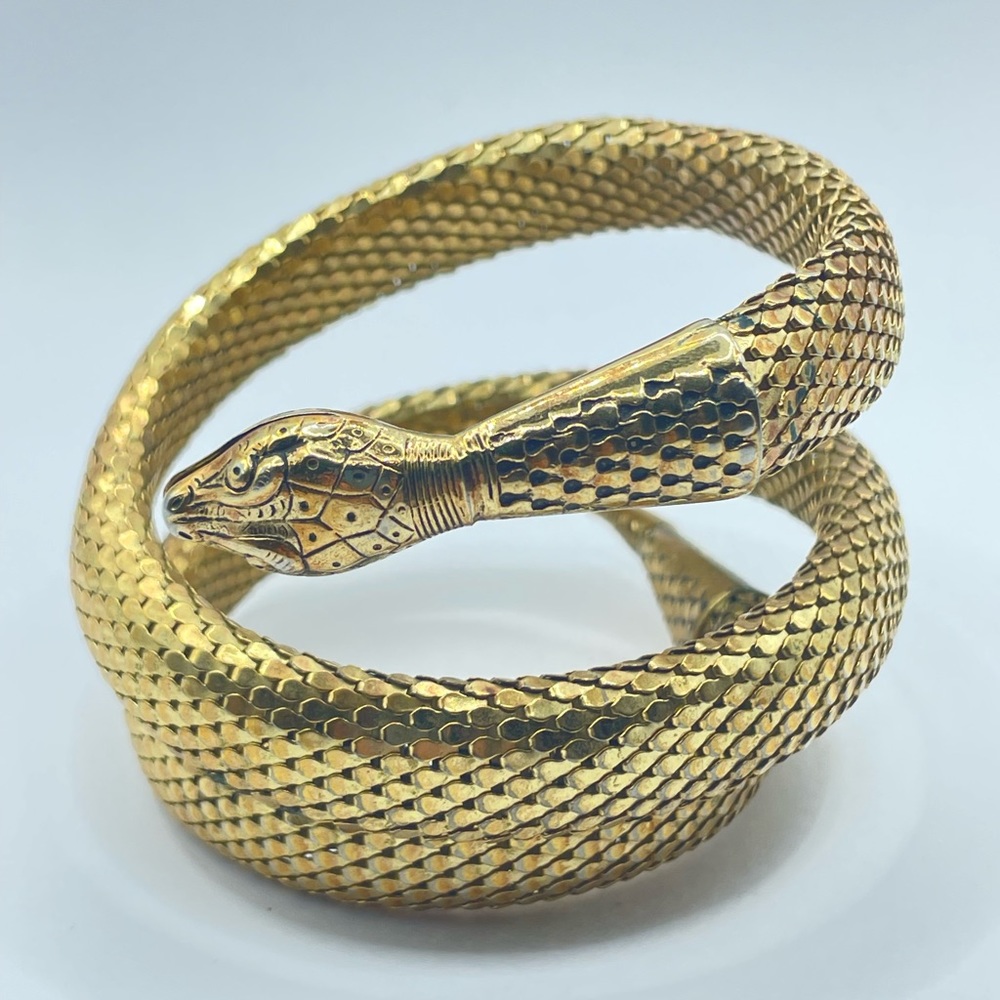 Whiting and Davis Wrap Snake Serpent Vintage Gold Metal Mesh Bracelet Armlet,